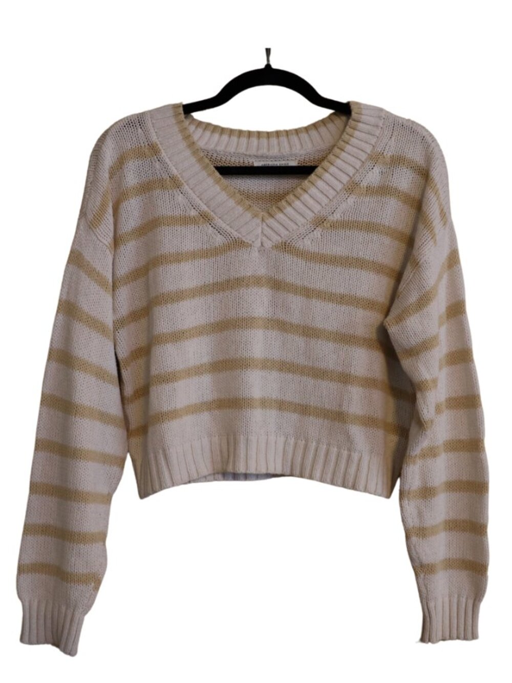American Eagle Striped V-Neck Crop Knit Sweater Small